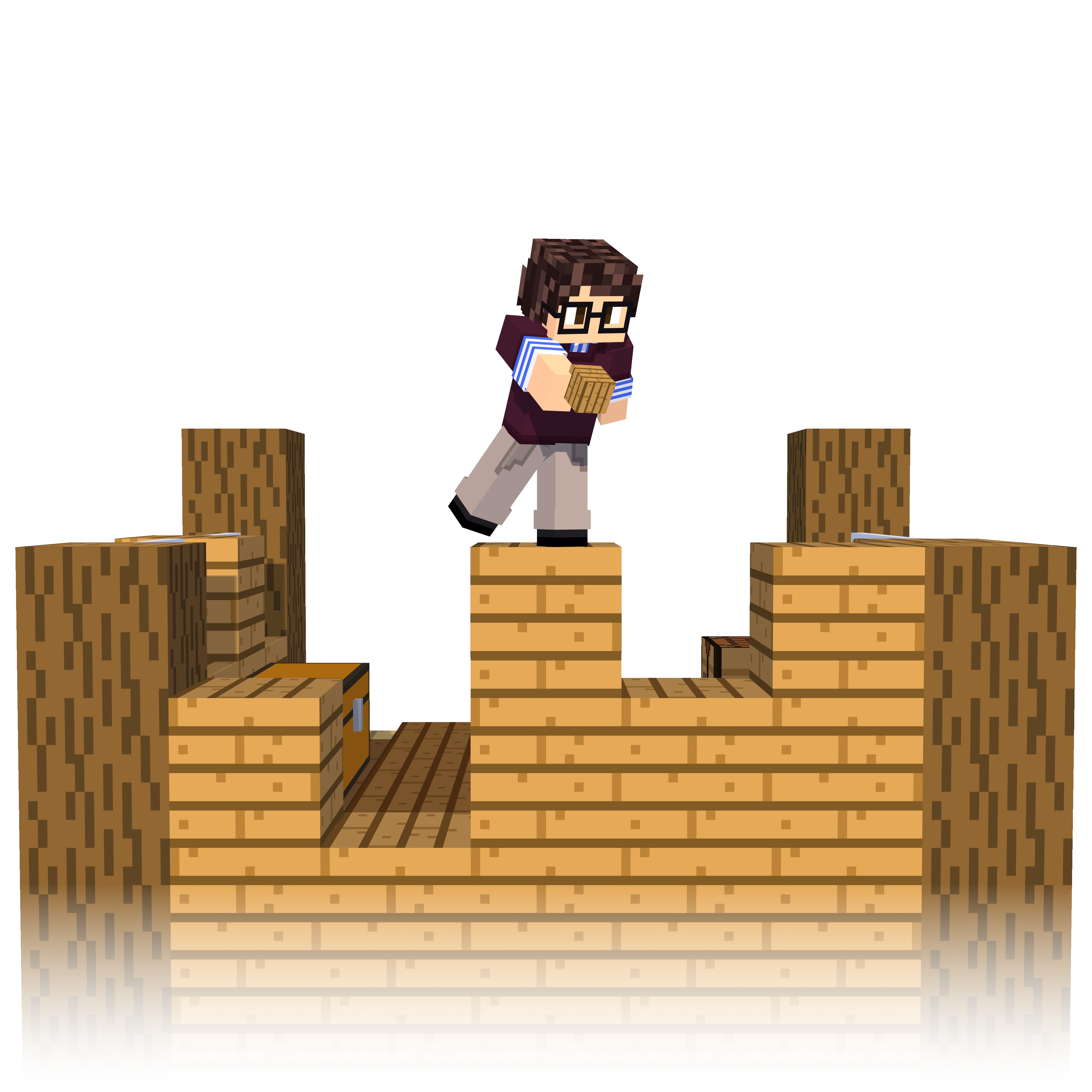 A person standing while holding an oak plank while building under